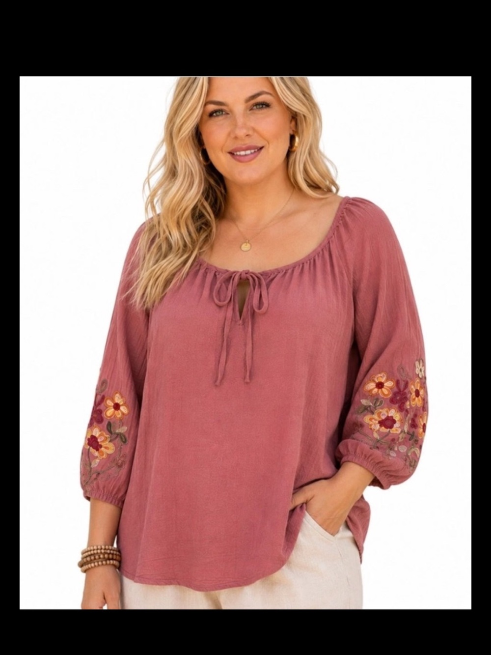 Embroidered Dusty Rose Peasant Blouse with Tie Neck Boho